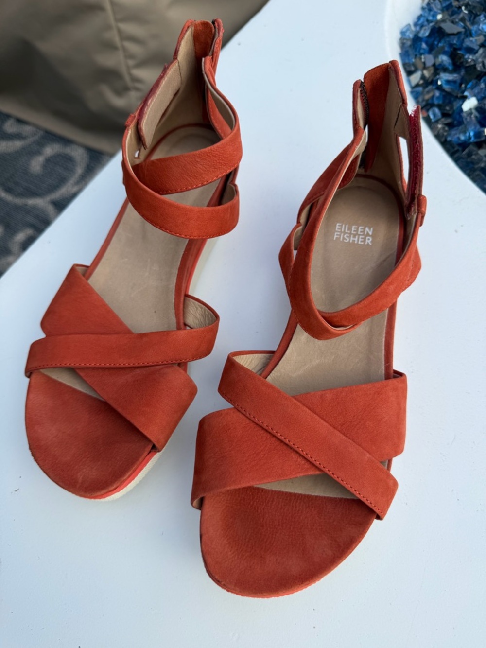Eileen Fisher Rust Orange Suede Strappy Ankle Sandals - Picture 9 of 13